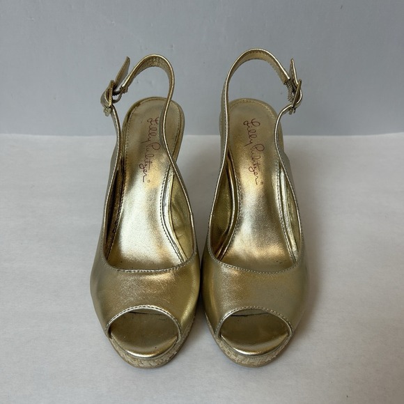 Lilly Pulitzer Shoes Womens 5.5 Gold Sandals Wedge Heels Slingback Kristen - Picture 2 of 15
